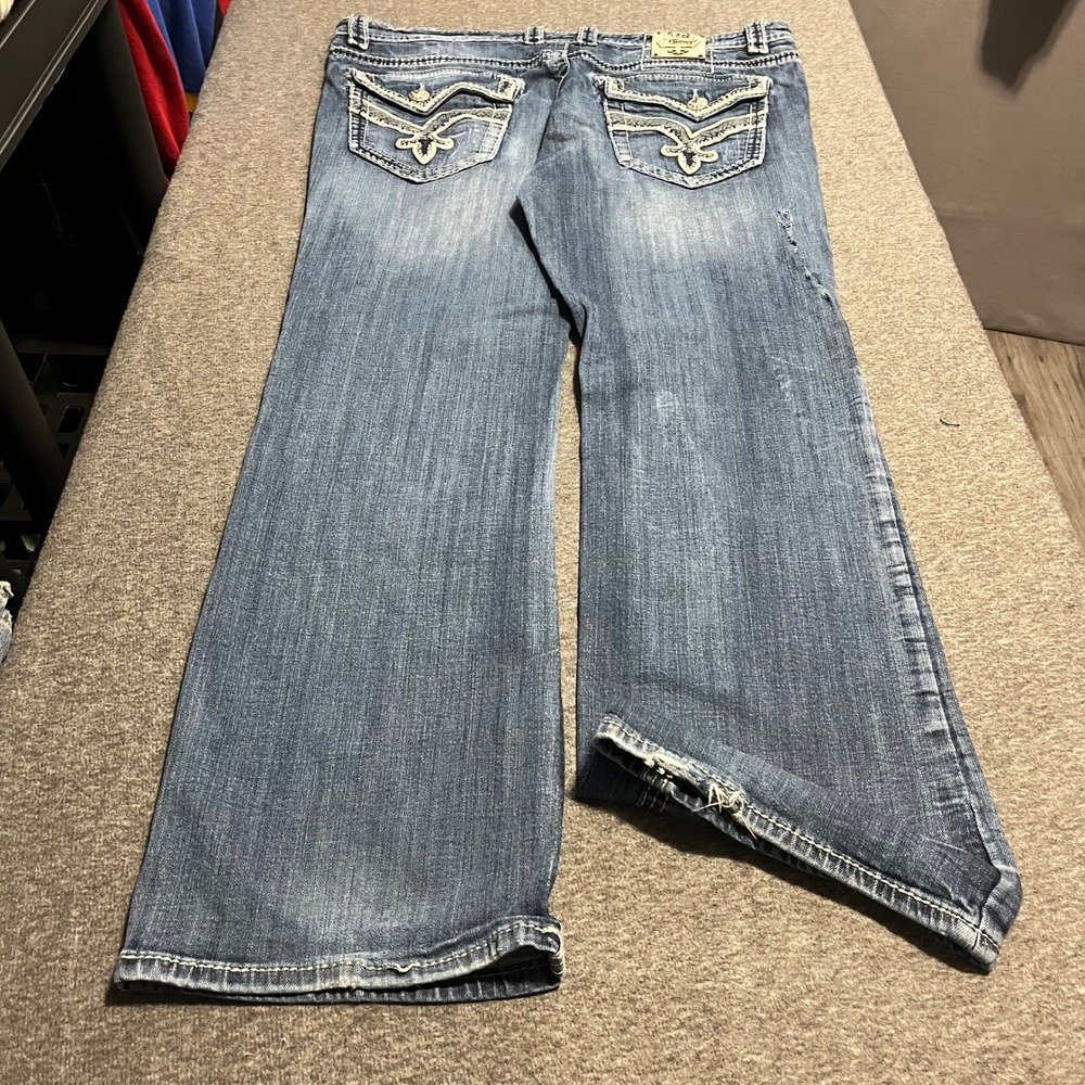 Rock Revival Jilion Bootcut Jeans Mens 40 Blue Denim Distressed Heavy Stitch